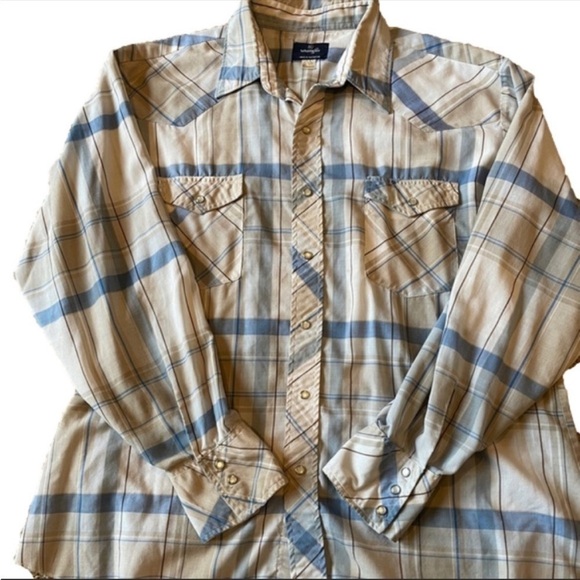 Wrangler Vintage Mens Cream and Light Blue XL Western Plaid Long Sleeve Shirt - Picture 1 of 7